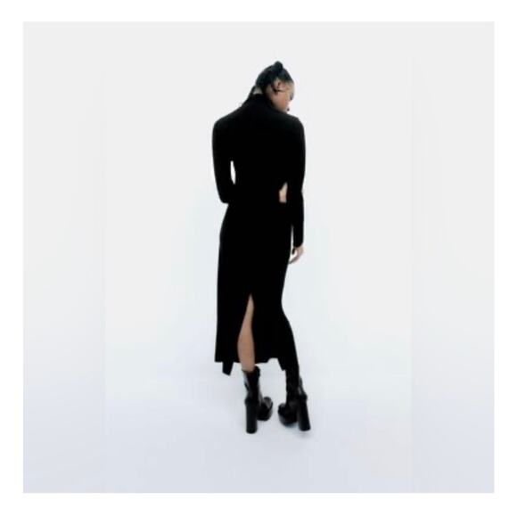 Zara Black Jersey High Neck Midi Dress Size Large Ruched Long Sleeve Minimalist - Picture 12 of 12